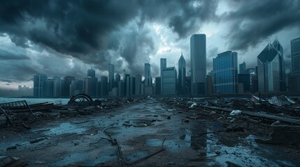 Devastated city skyline against a backdrop of ominous clouds