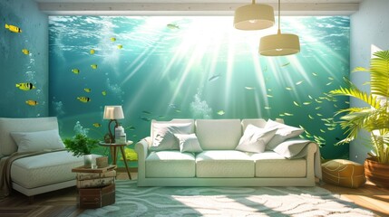 Bright aquatic living room with sunbeam wallpaper, cozy setup - homey ambiance.
