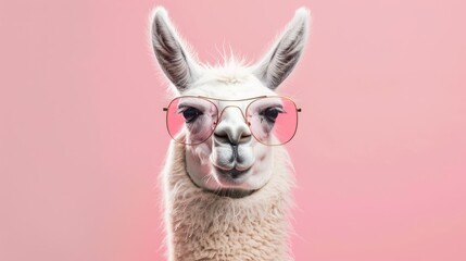 White llama with round glasses on a pink background. Studio animal portrait with copy space.