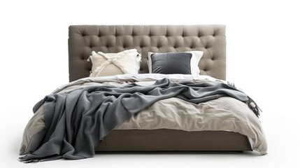 Modern bedroom with tufted headboard and textured bedding. Studio photography with white background