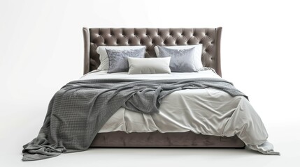 Luxury bed with leather headboard and decorative pillows. Professional studio shot on white background