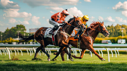 Horseback riding. A horse and jockey take part in an outdoor race. Concept of sport, movement. - Powered by Adobe