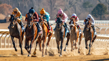 Horseback riding. A horse and jockey take part in an outdoor race. Concept of sport, movement.