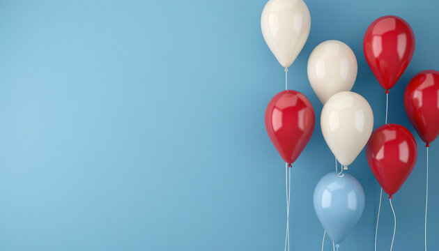 cheerful arrangement of red, white, and blue balloons against a serene blue backdrop, copy space for texr