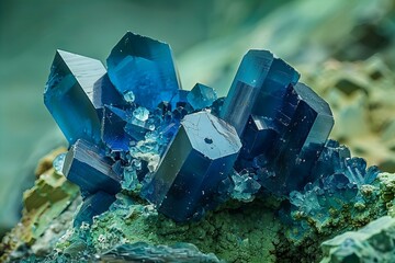 Vibrant Blue and Green Mineral Crystals on Green Background