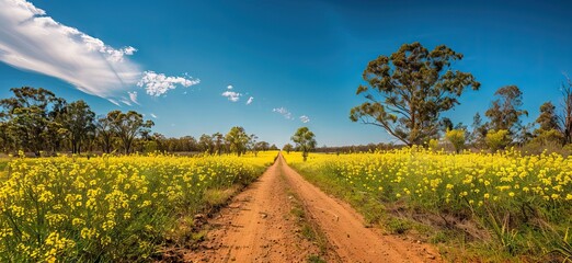 a wide shot of a field road going through a rape field with a big tree at the end. AI generated illustration