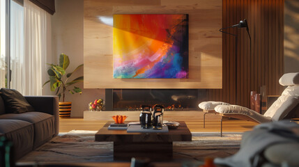 A cozy living room with a minimalist fireplace, plush armchairs, and a vibrant abstract painting on the wall.