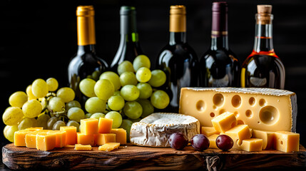 Obraz premium Cheese collection, variety of cheeses with wine bottles on black background