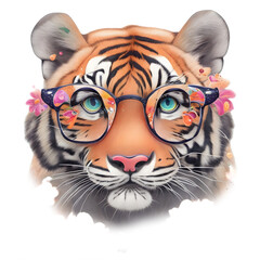 Cute floral tiger with glasses t-shirt design