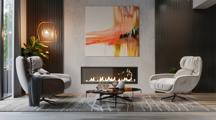 A cozy living room with a minimalist fireplace, plush armchairs, and a vibrant abstract painting on the wall.