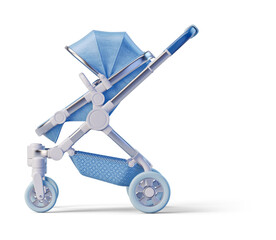 Light blue leather jogging baby stroller on transparent background. 3D render right view