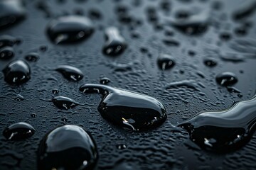 Close-Up View of Water Droplets on a Black Surface