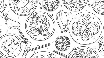 Line art illustrations of famous food and cuisine from different cultures around the world.