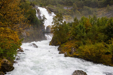 Autumn landscape in Briksdalbreen glacier valley in South Norway, Europe.