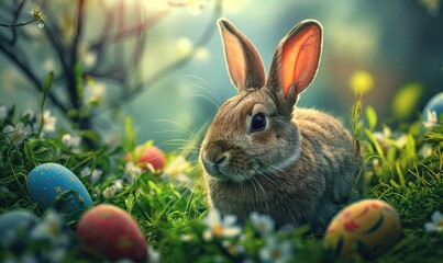 Easter bunny rabbit in floral meadow with painted eggs festive postcard background