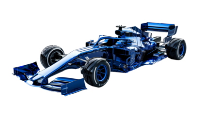a blue race car with its front wheels