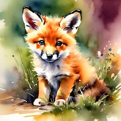 Obraz premium Little fox puppy watercolor illustration 