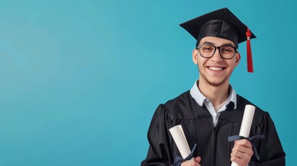 Young man in graduation gown holding diploma, smiling proudly against blue background - Powered by Adobe