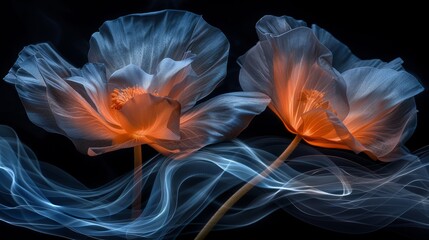   Close-up of two flowers against black backdrop Blue-white smoke trail in the foreground