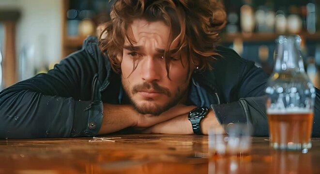 Man with hangover sits at table in sadness due to alcohol poisoning. Concept Alcohol Poisoning, Hangover, Sadness, Regret, Overindulgence