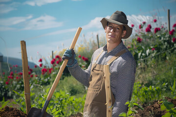 Portrait of american male gardener with shovel on a farm field on a sunny spring day