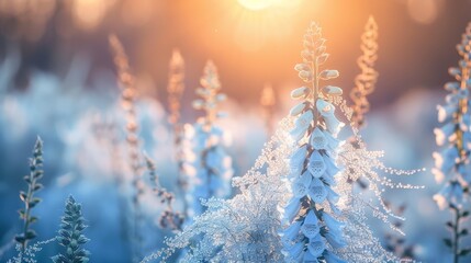   A tight shot of a snow-laden plant with sunlight filtering through its leaves and illuminating the frosted branches