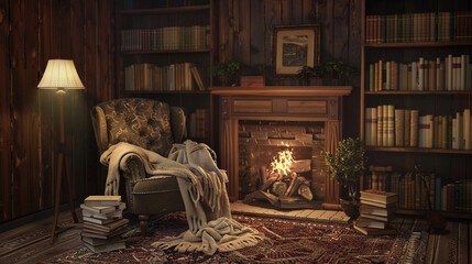 A cozy reading corner with a plush armchair, a floor lamp, and a stack of books beside a crackling fireplace.