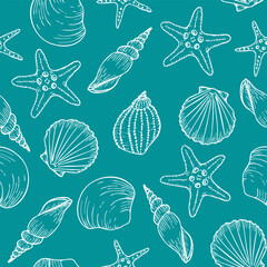 Underwater seamless pattern with seashell line art illustrations in white color on turquoise background. Scallop sketch, seashell line drawing. Summer ocean beach print for background, textile, fabric