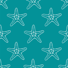Seashells seamless pattern with starfish line art illustration on turquoise background. Hand drawn sea star sketch, undersea drawing. Summer ocean beach print for background, textile, fabric, wrapping