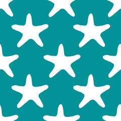 Seashells seamless pattern with starfish silhouette illustration in white color on turquoise background. Sea star sketch, sea drawing. Summer ocean beach seaside print for background, textile, fabric
