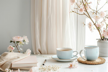 Fototapeta na wymiar Table with two cups of tea, a book, and a vase of flowers. The table setting is simple and elegant