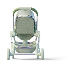 Light green leather jogging baby stroller on transparent background. 3D render back view