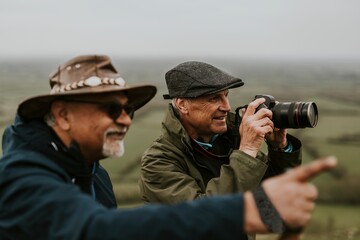 Senior nature photographers on mountain