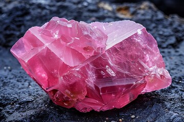 Large Pink Quartz Crystal on a Dark Rocky Surface