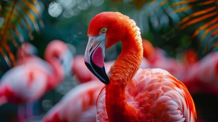 Closeup of a flamingo in front of a very large group - Powered by Adobe