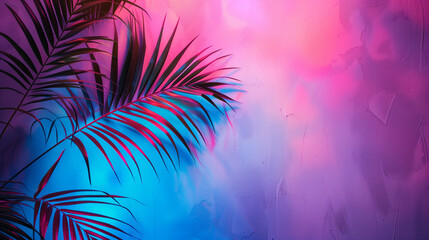 palm tree leaf against red and blue neon light background