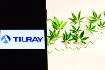 Fototapeta premium Tilray company logo on screen of smartphone against blurred background of cannabis and chart.