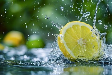 Fresh Lemon Slice Splashing In Water Against Green Background