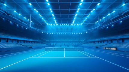 Empty indoor blue tennis court with bright lighting. Sports and fitness facility concept.