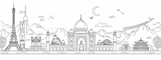 Fototapeta premium Line art illustrations of iconic landmarks from around the world, suitable for travel-related content.