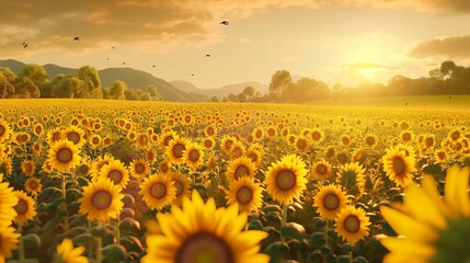 An endless field of sunflowers turning their heads to greet the morning sun