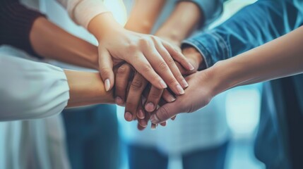 Multi-ethnic team stacking hands in unity and team building gesture. Corporate team spirit and teamwork concept. - Powered by Adobe