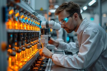 A young male engineer in safety glasses and a lab coat works on a robotic assembly line, carefully inspecting a product.