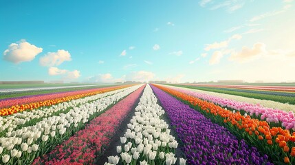 A  field of tulips, with white, purple, pink, and orange flowers. There are also some windmills in the distance.