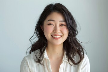 Fototapeta premium Radiant Asian Woman Poses in Bright Studio for Promotional Brand, Exuding Confidence and Energy