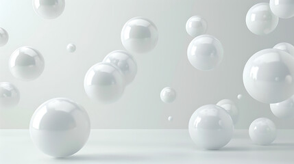 white spheres floating in the air, creating an abstract and minimalistic background with a sense of space and depth