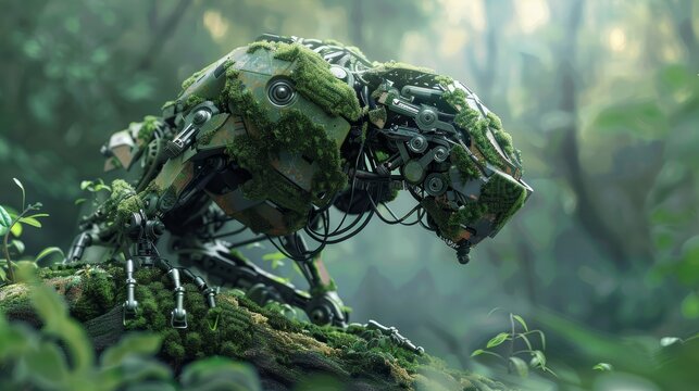 Robotic jaguar head covered in moss perched on a forest log. 3D illustration of bio-integration concept