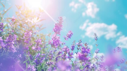 This is an image of purple flowers with a blurred background of bright blue sky and white clouds.

