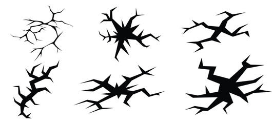 Ground split fracture line. Wall crack black silhouettes, earthquake effect. Fissure top view, surface damage and holes racy vector elements. fractures top view isolated on white background. eps 10.