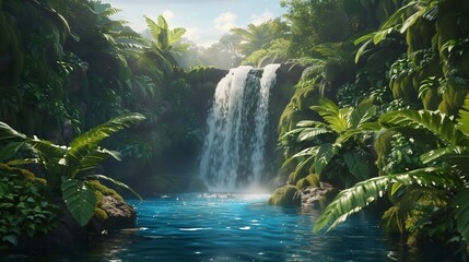 A cascading waterfall plunging into a turquoise pool surrounded by lush green ferns and moss.